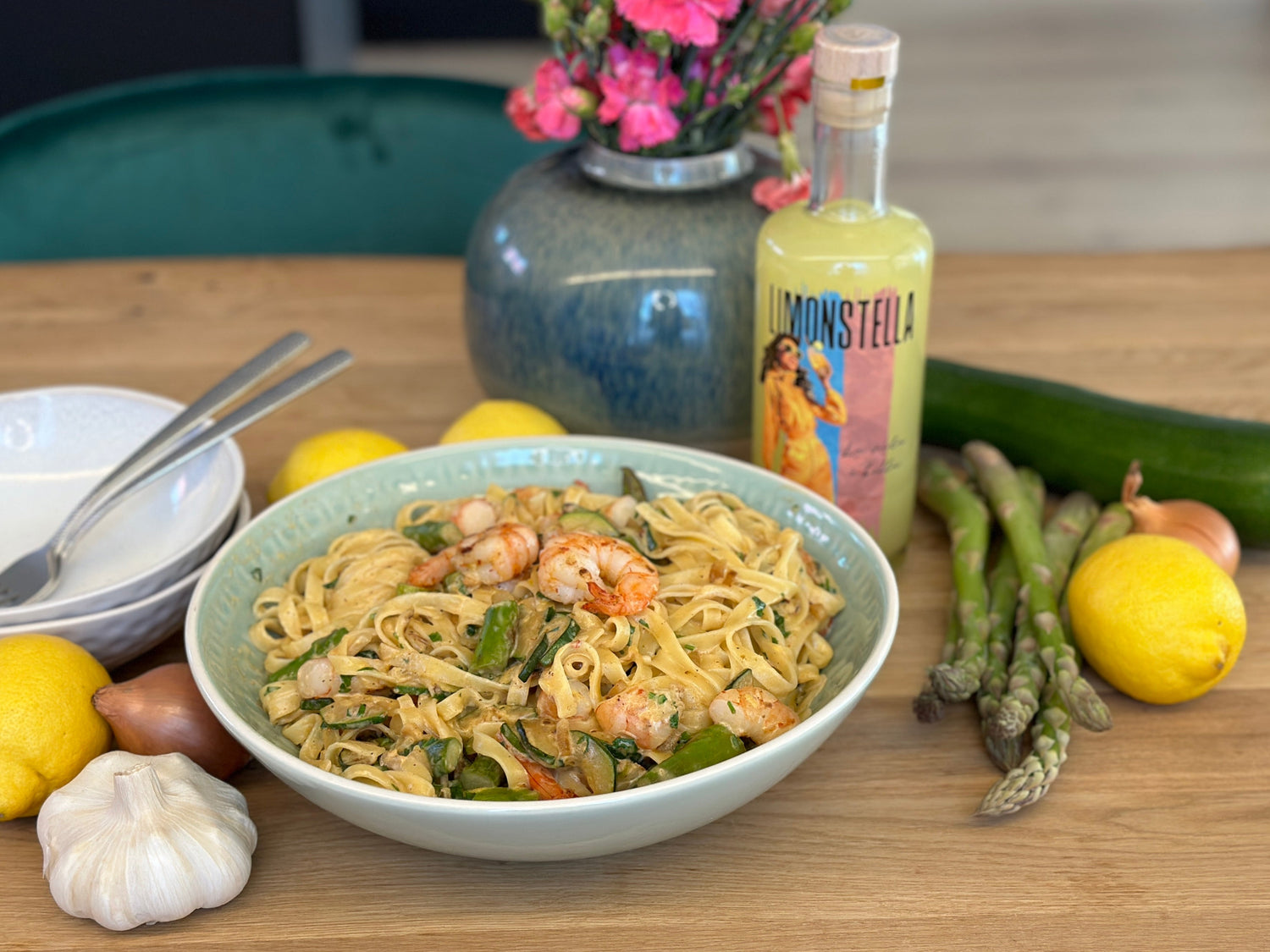 Pasta mit Limoncello, Spargeln und Crevetten