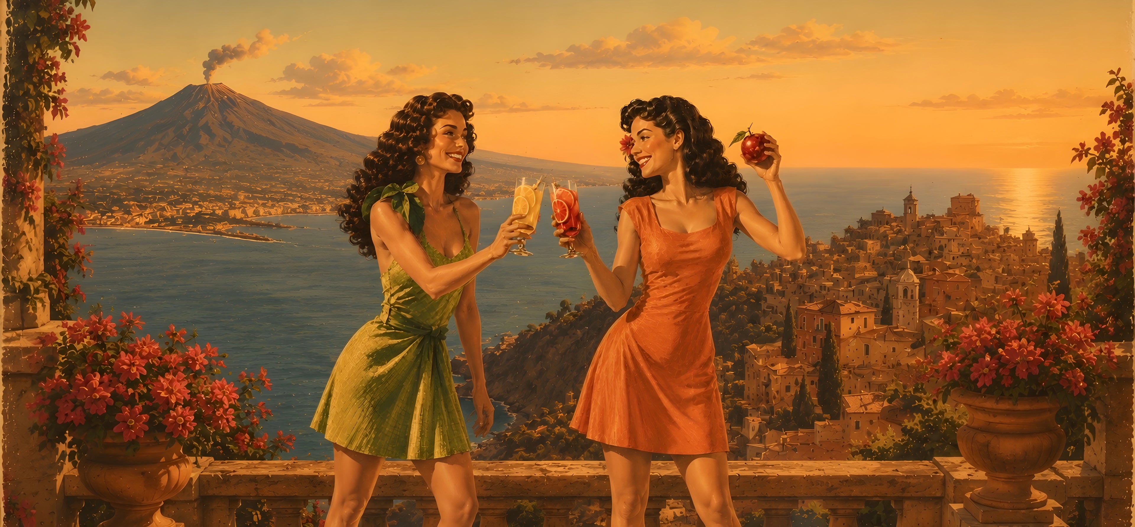 Limonstella und Amoro - zwei Frauen stossen mit Cocktails in Sizilien an - Vintage Illustration